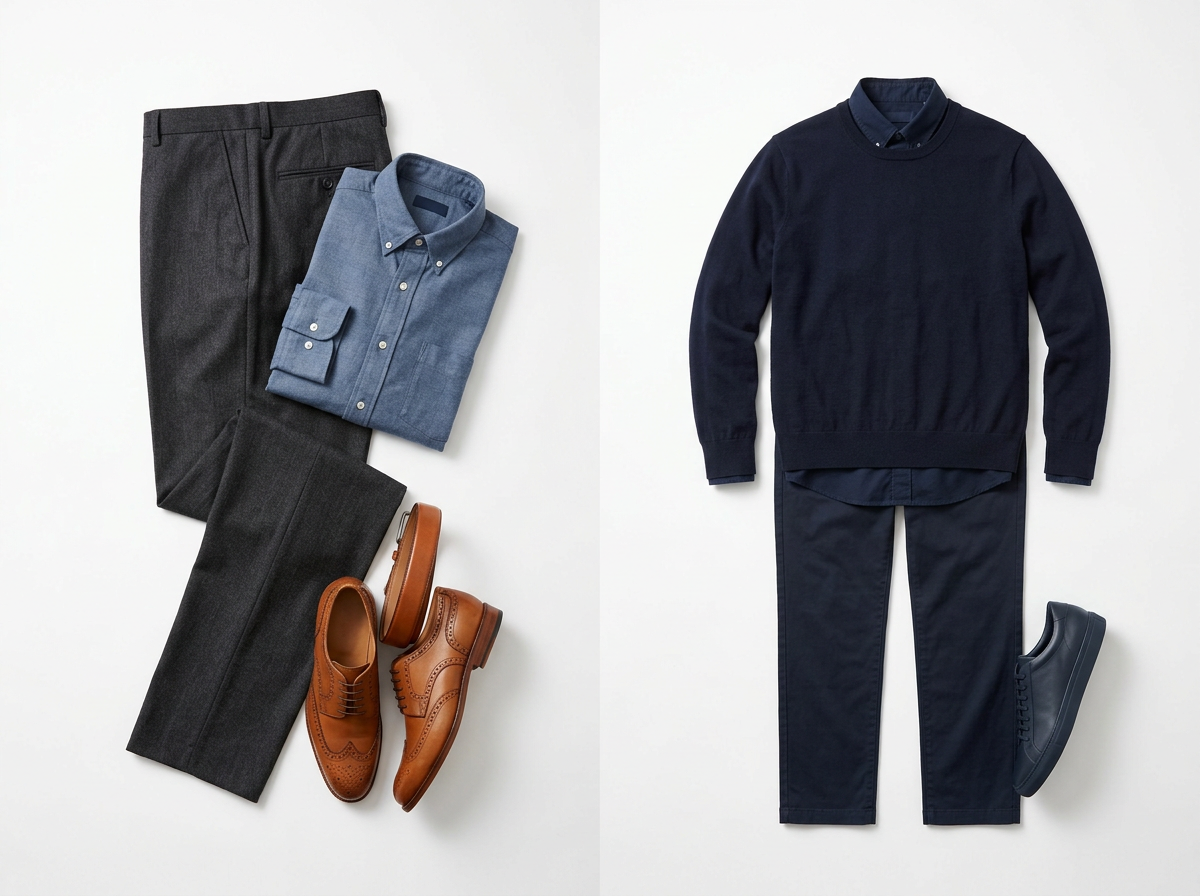 Side-by-side outfit comparison showing an anchor-shift-accent combination versus a flat single-tone outfit