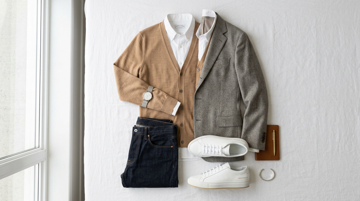 Editorial flat lay of a layered spring outfit showing three distinct fabric layers — shirt, knit, and blazer — with slim trousers and white sneakers