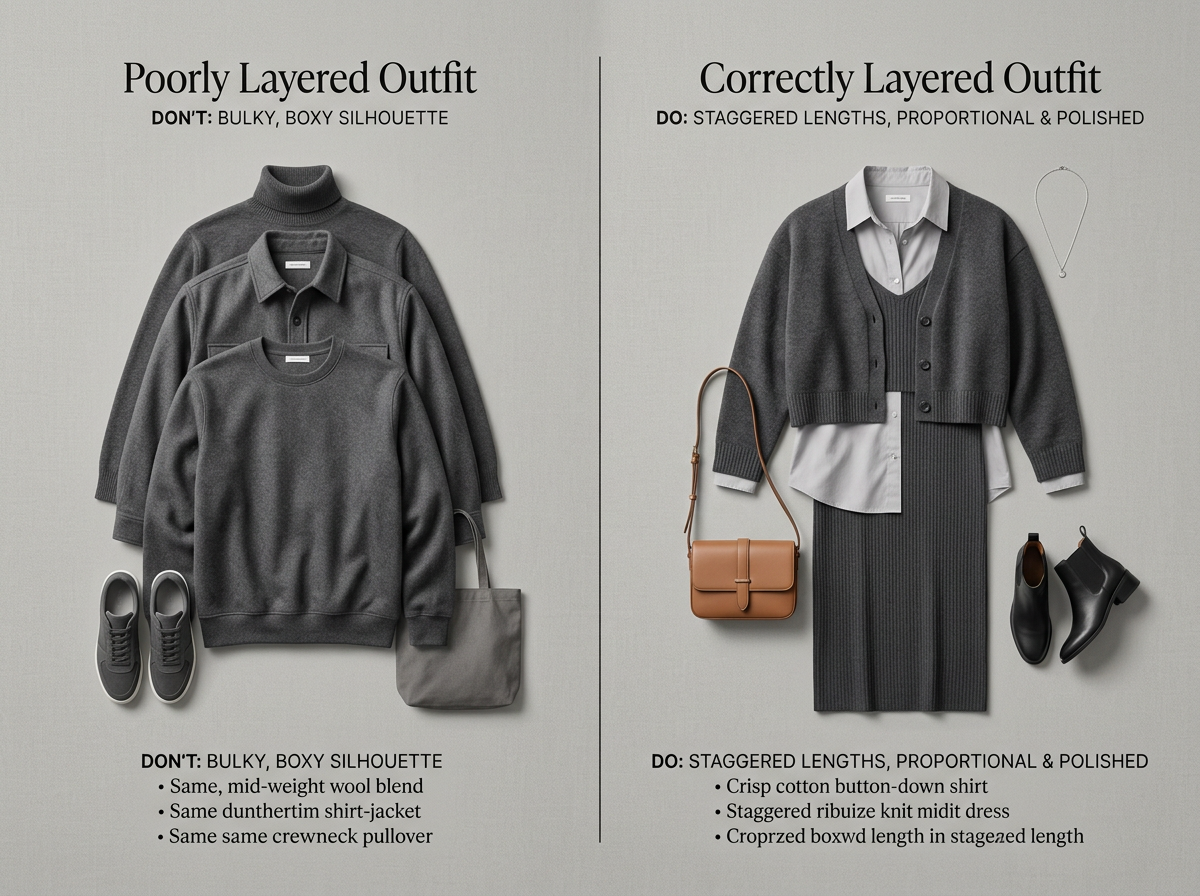 Side-by-side comparison: poorly layered outfit with all pieces at the same length on the left, and correctly layered outfit with staggered hem lengths and contrasting fabrics on the right