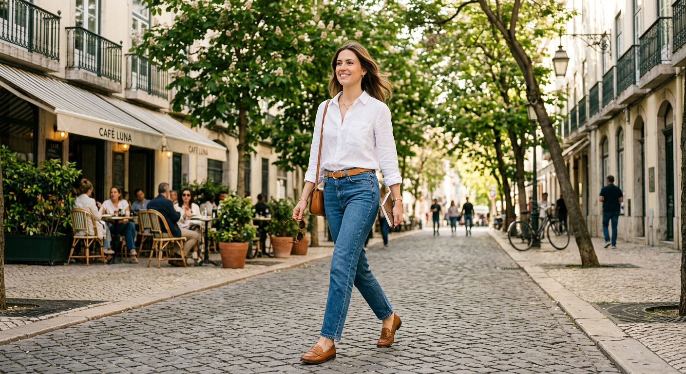 A woman in straight-leg jeans, a white shirt, and tan loafers walking through a sunlit city street with a relaxed, confident stride