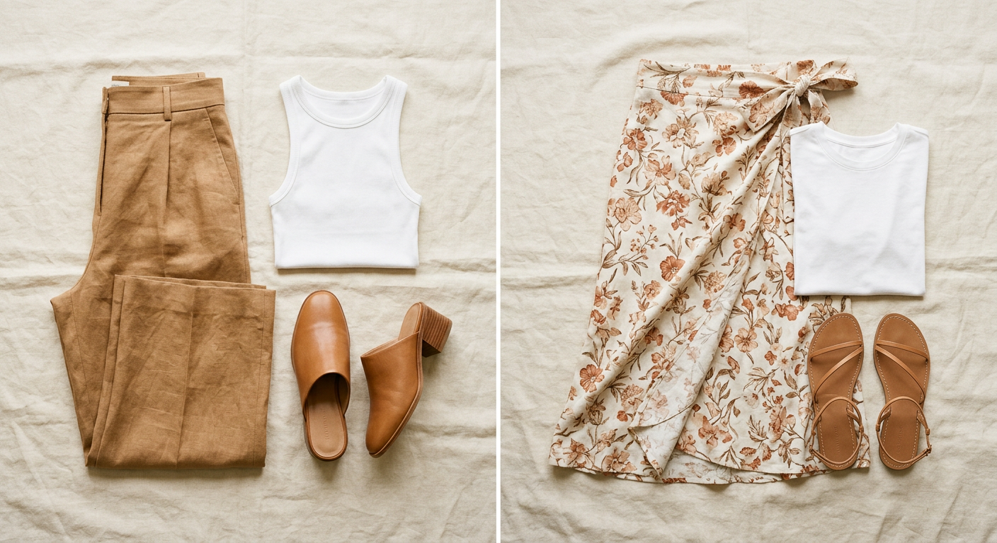 Flat lay of two spring outfit combinations — camel linen trousers with a white ribbed tank and leather mules alongside a terracotta wrap skirt with a white tee and strappy sandals